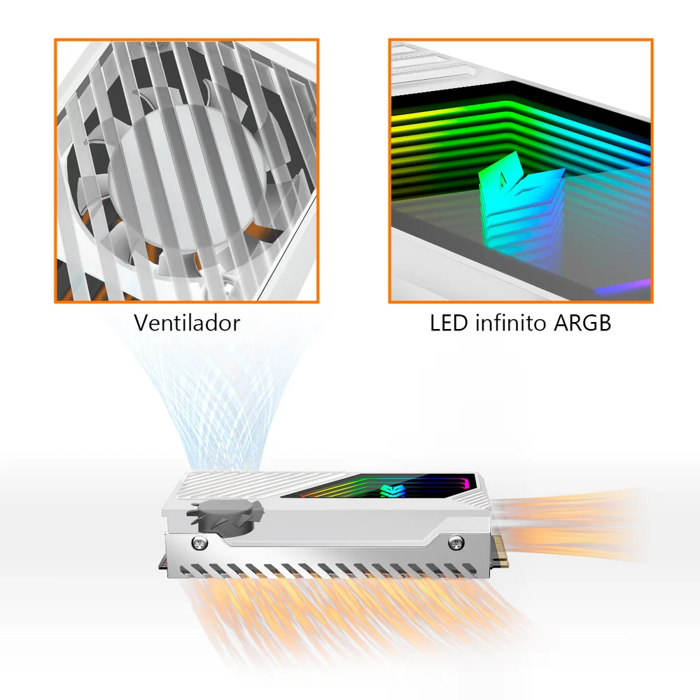 Dissipador de Calor para SSD Nvme, M.2 (2280), Branco, Com Ventilador, LED Infinito ARGB 5v 3 Pinos, Alumínio, Coolmoon CM-M2F Dissipador de Calor para SSD Nvme, M.2 (2280), Branco, Com Ventilador, LED Infinito ARGB 5v 3 Pinos, Alumínio, Coolmoon CM-M2F