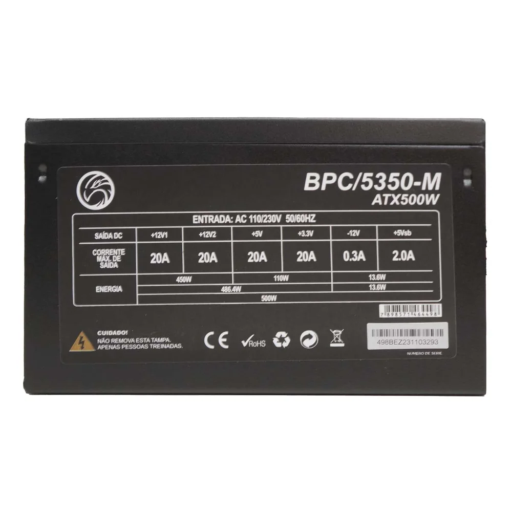 Fonte Brazilpc Atx 500w Bpc-5350b-m Com Cabo De Força Fonte Brazilpc Atx 500w Bpc-5350b-m Com Cabo De Força