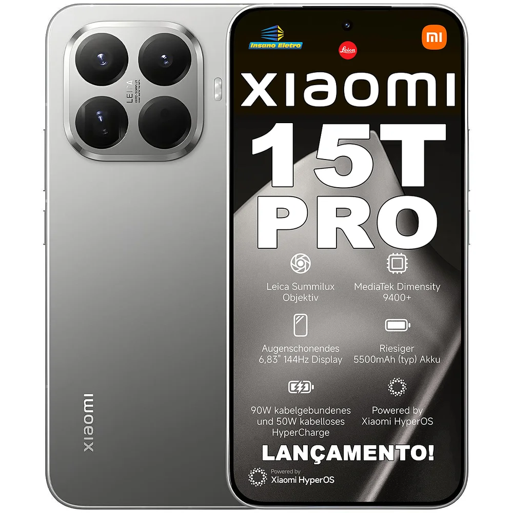 "Smartphone Xiaomi 15T Pro / 512GB / 12GB RAM / 5G / Dual SIM / NFC / Tela AMOLED 6,83"" 1,5H 144Hz / HyperCharge 90W Com Fio e 50W Sem Fio / Bateria 5.500 mAh / Câmera Tripla 50 MP Leica / Proteção Água e Poeira IP68 / Global - Cinza (Gray)"