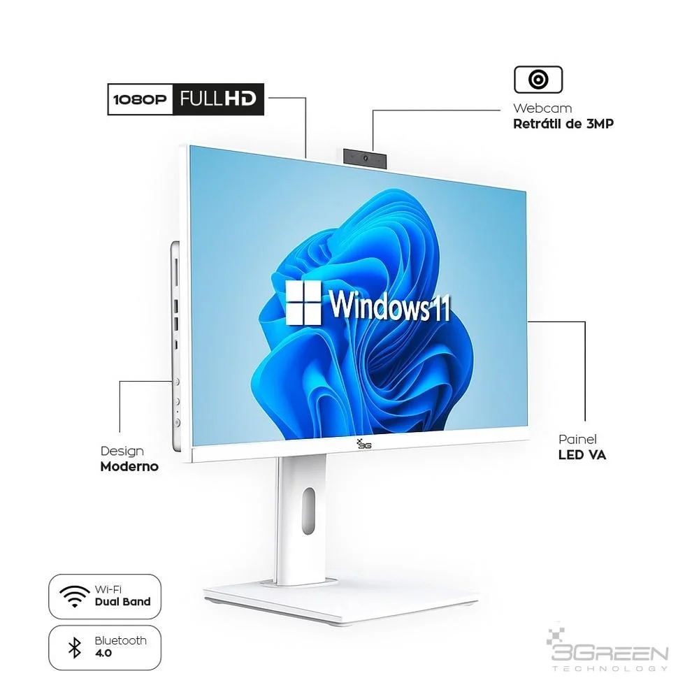 "Computador All In One 24"" Branco, Intel i5 9400, 16gb Ddr4, SSD 256gb, WINDOWS 11  , Webcam, Wi-fi, 3green Unique" em Campinas - foto 4
