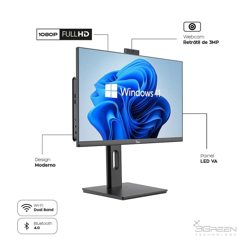 "Computador All In One 24"" Preto, Intel i5 9400, 8GB, SSD 1TB, WINDOWS 11  , Webcam, Wi-fi, 3green Unique" em Campinas - foto 4