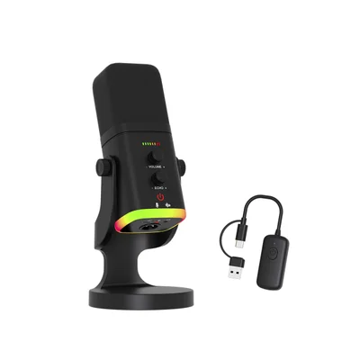 Microfone Gamer Dinâmico Ampligame Sem Fio 2.4g LED RGB Usb Fire Phoenix Bk-am8 Pro Preto